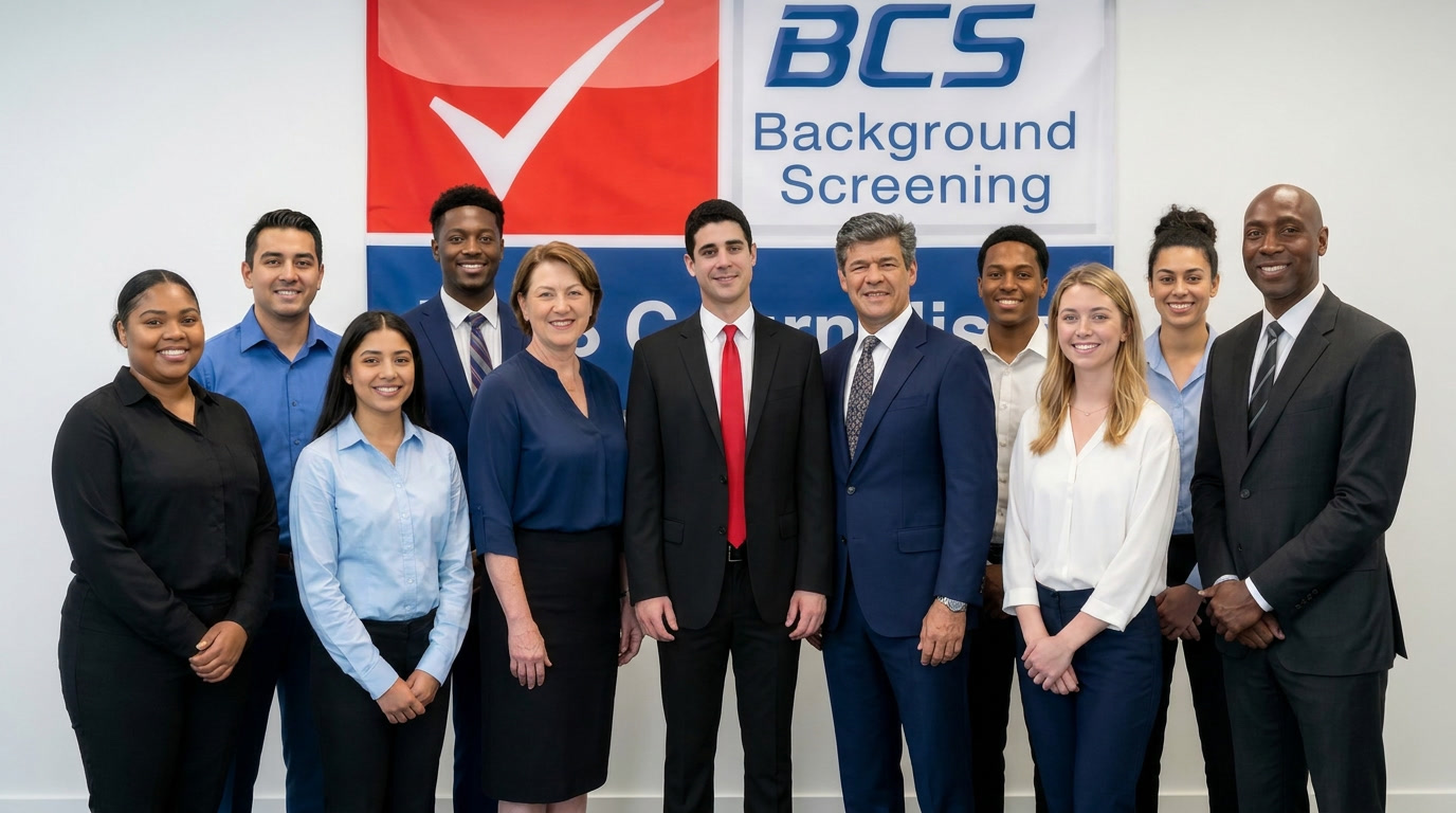 Group portrait beneath BCS Background Screening LLC signage.