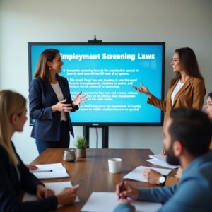 HR manager discussing District of Columbia employment screening laws with hiring staff. Screen behind titled District of Columbia Employment Screening Laws HR manager discussing District of Columbia employment screening laws with hiring staff. Screen behind titled District of Columbia Employment Screening Laws