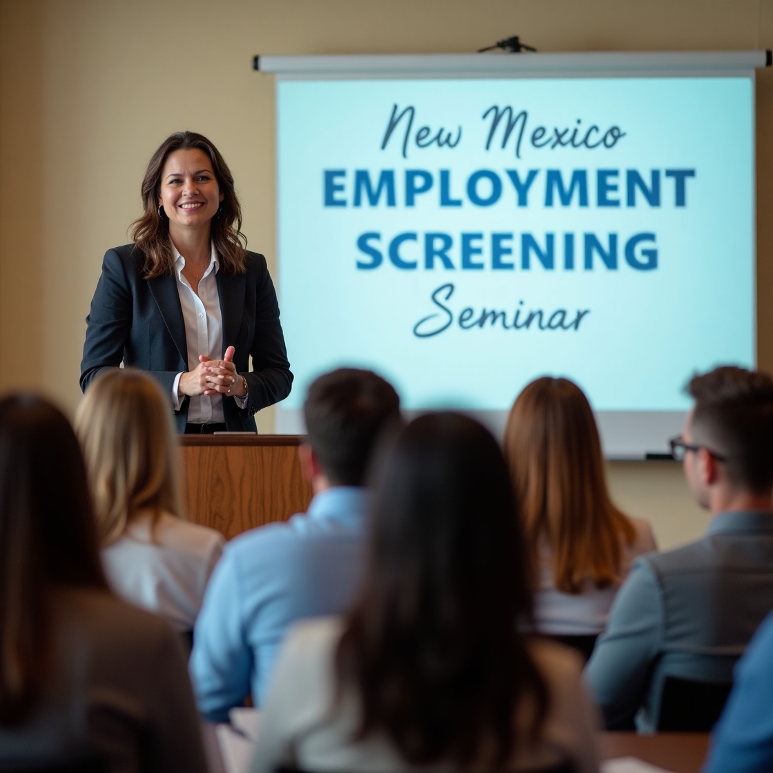 HR manager speaking at a New Mexico Employment Screening laws seminar. Board behind with words New Mexico employment screening seminar. HR manager speaking at a New Mexico Employment Screening laws seminar. Board behind with words New Mexico employment screening seminar.