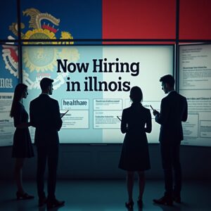 HR managers reading about new Illinois employment screening laws HR personnel review Illinois hiring laws at an hr expo