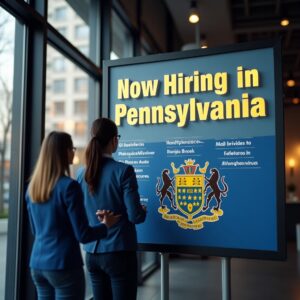 Now_Hiring_in_Pennsylvania Job candidates reading about a public service announcement about Pennsylvania employment screening laws