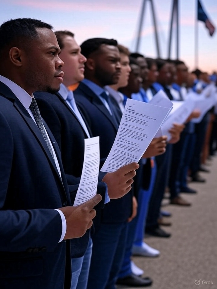 South Carolina Employment Applicants Job applicants stand in line at a South Carolina employment agency holding their resumes.