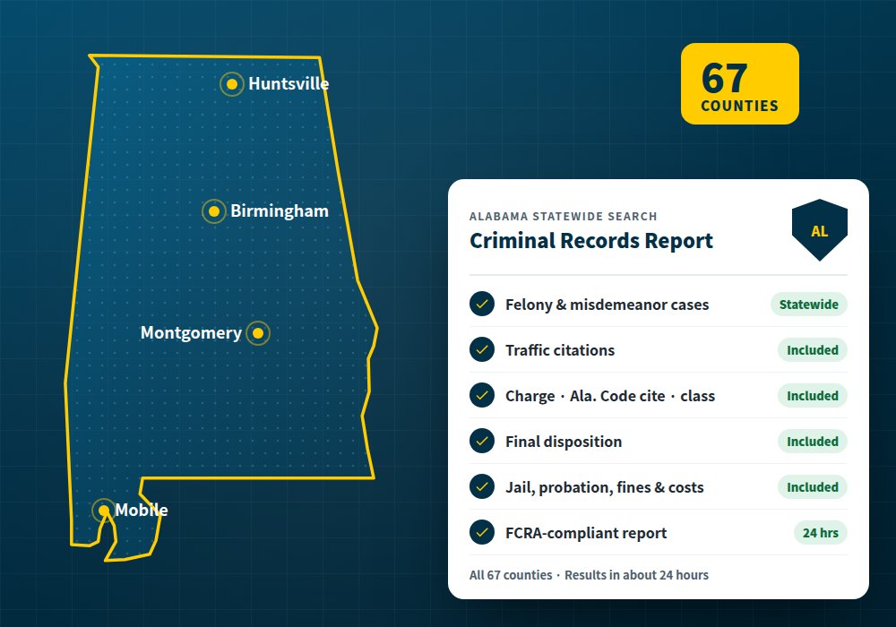 Alabama criminal records search: statewide background check report with case, charge, and sentence details