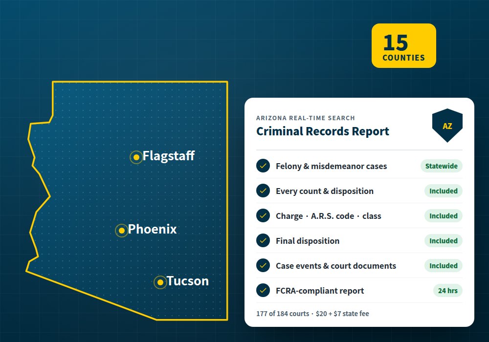 Arizona criminal records search: real-time statewide background check report with charges and dispositions