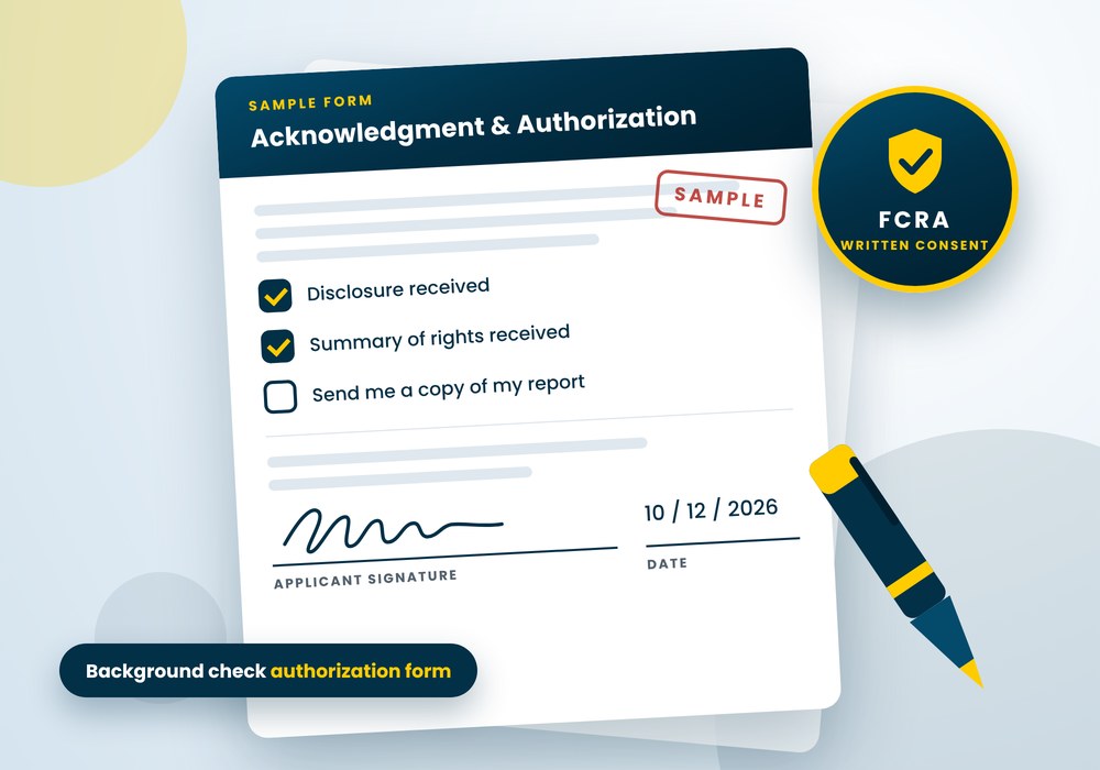 Background check authorization form sample with consent check boxes and a signature line