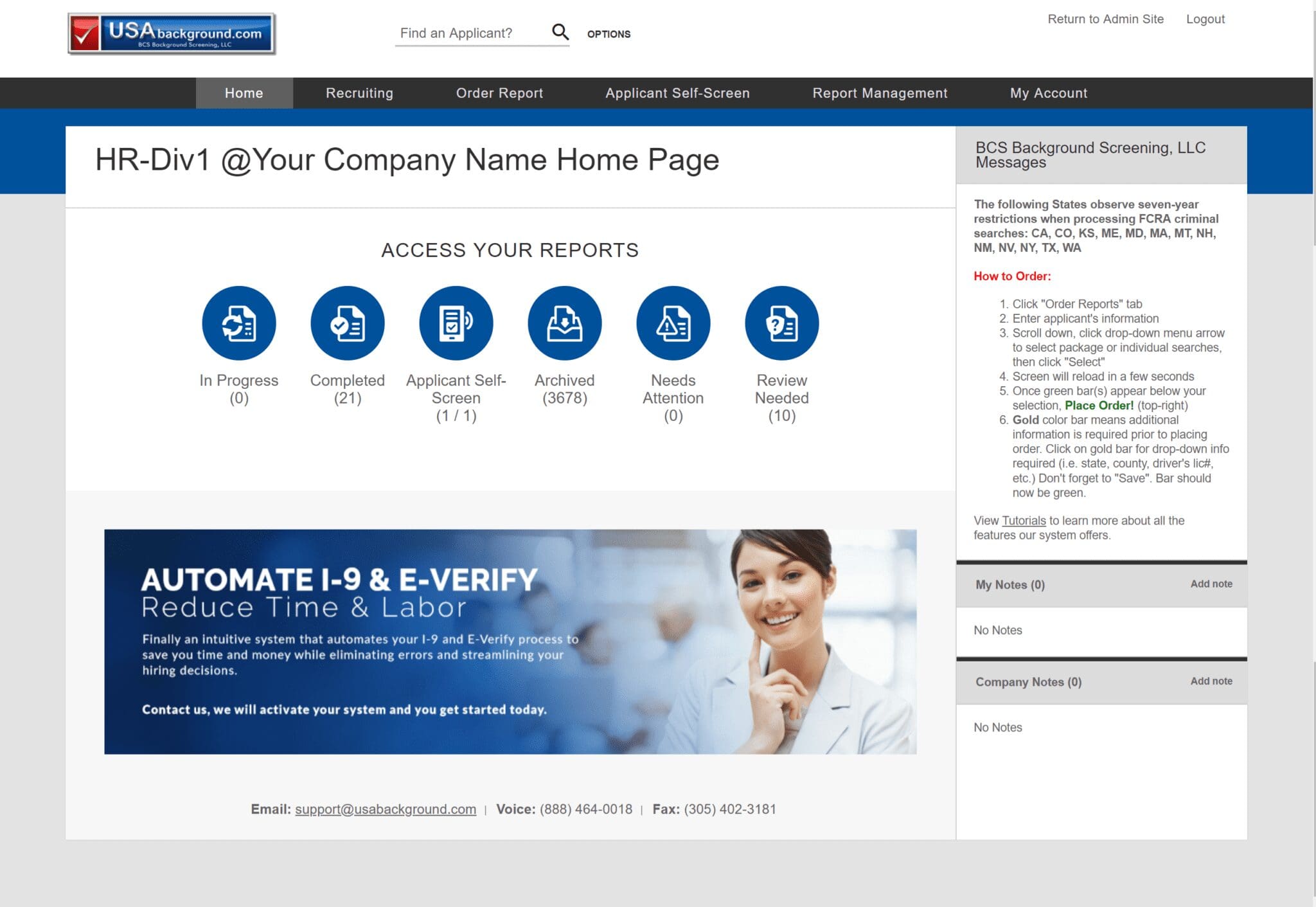 Screenshot of background check user home page