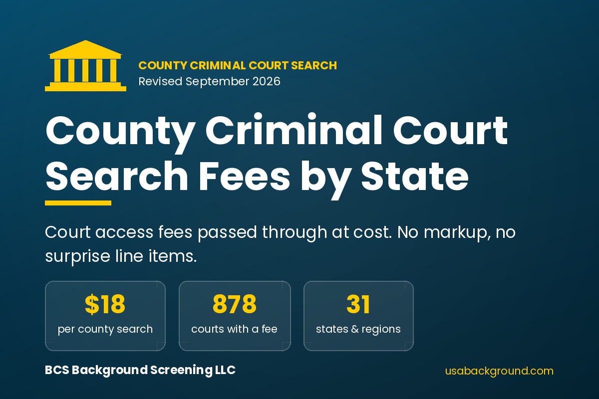 County criminal court search fees by state chart from BCS Background Screening LLC, showing an $18 per-county search fee and court access fees at 878 courts in 31 states and regions.