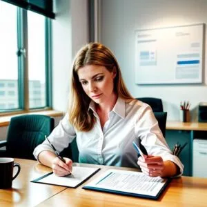 HR Manager reviewing California employment screening laws HR Manager reviewing California employment screening laws as she write hiring policies