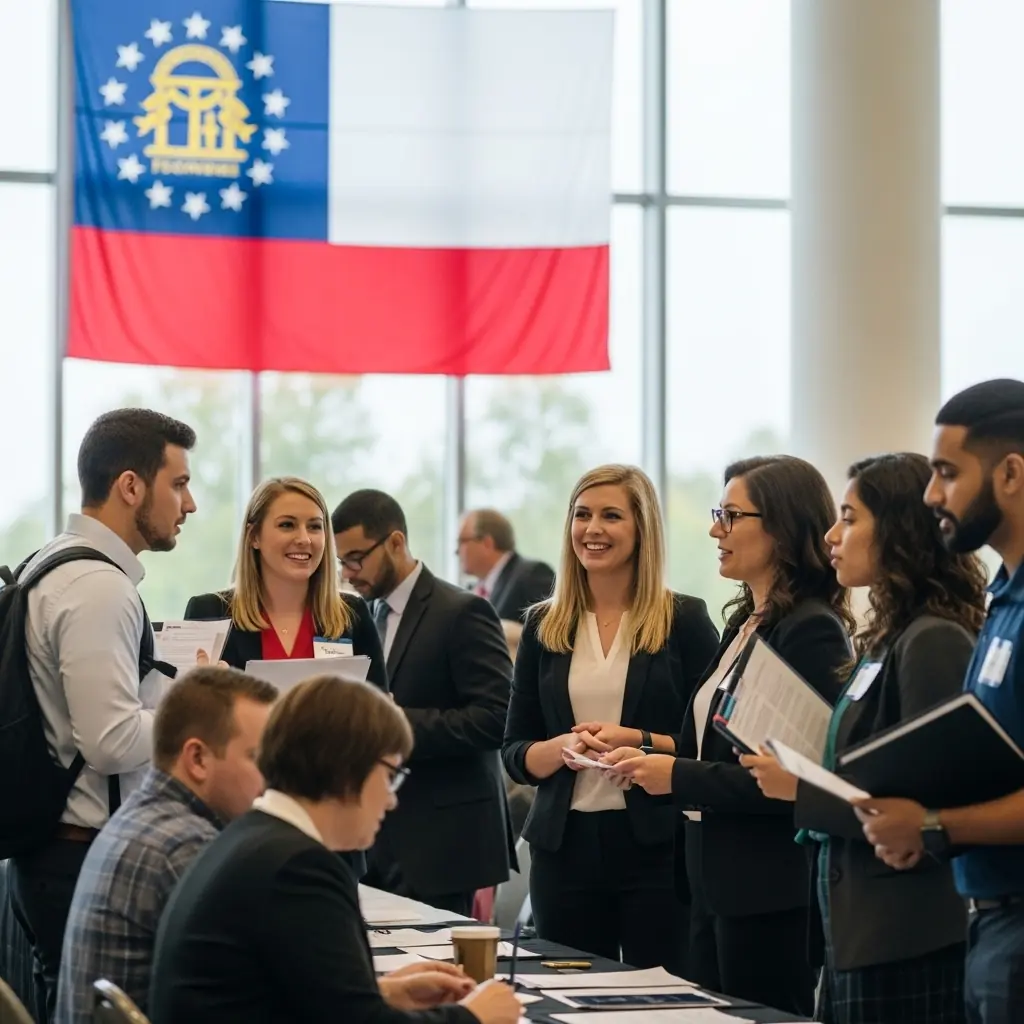 Georgia job seekers at a job fair asking recruiters about Georgia employment screening laws