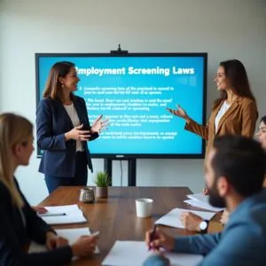 HR manager discussing District of Columbia employment screening laws with hiring staff. Screen behind titled District of Columbia Employment Screening Laws