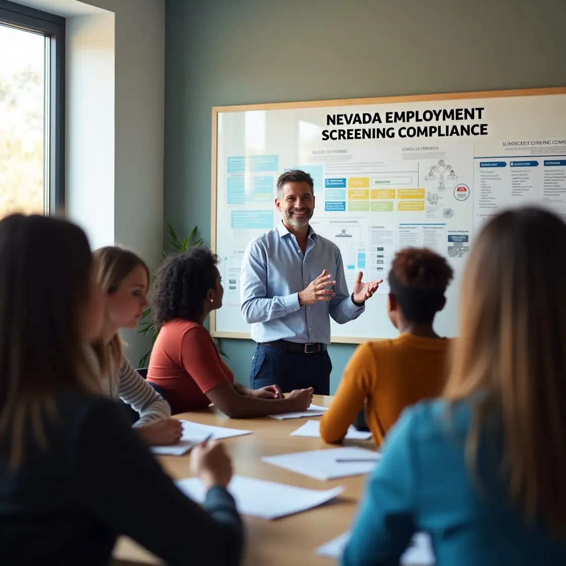 HR manager going over Nevada employment screening laws with diverse hiring staff HR manager going over Nevada employment screening laws with diverse hiring staff
