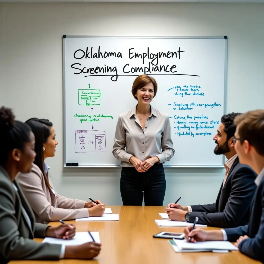 HR manager going over Oklahoma employment screening laws with diverse hiring staff