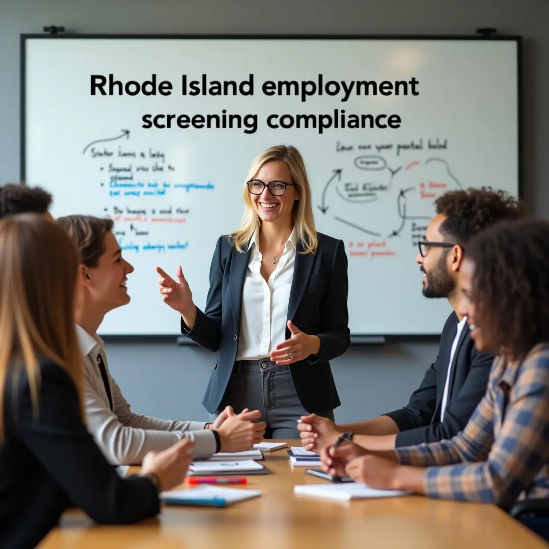 HR manager going over Rhode Island employment screening laws with diverse hiring staff