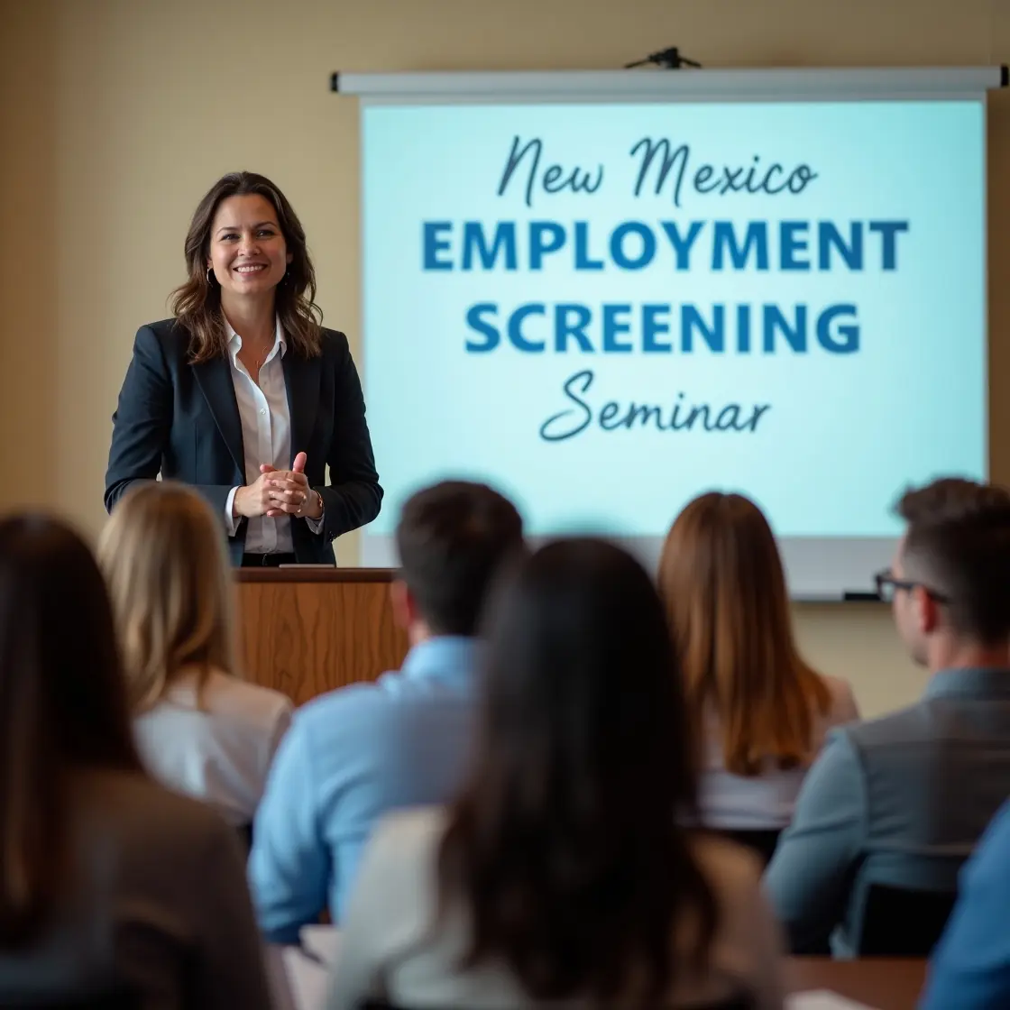 HR manager speaking at a New Mexico Employment Screening laws seminar. Board behind with words New Mexico employment screening seminar.