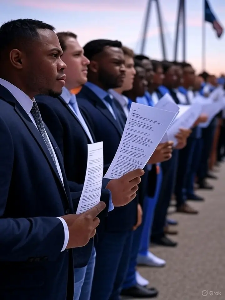 Job applicants stand in line at a South Carolina employment agency holding their resumes.