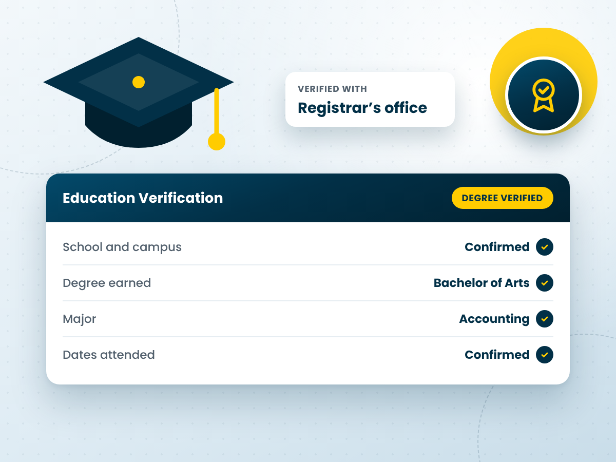 Education verification for employment report confirming a college degree