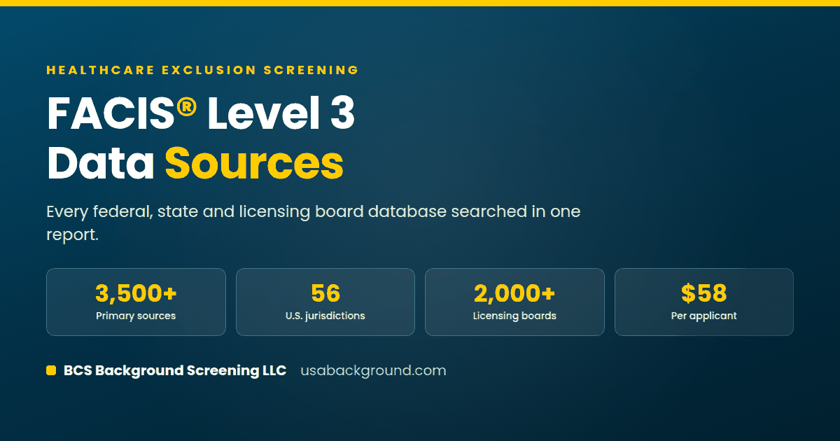 FACIS Level 3 sources summary card listing 3,500 primary sources, 56 jurisdictions and 2,000 licensing boards searched by BCS Background Screening LLC