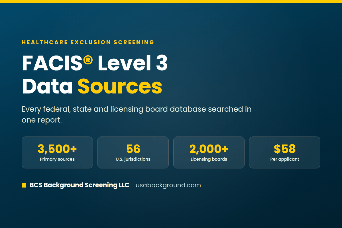 FACIS Level 3 sources chart showing federal, state Medicaid, contractor debarment and licensing board databases searched by BCS Background Screening LLC