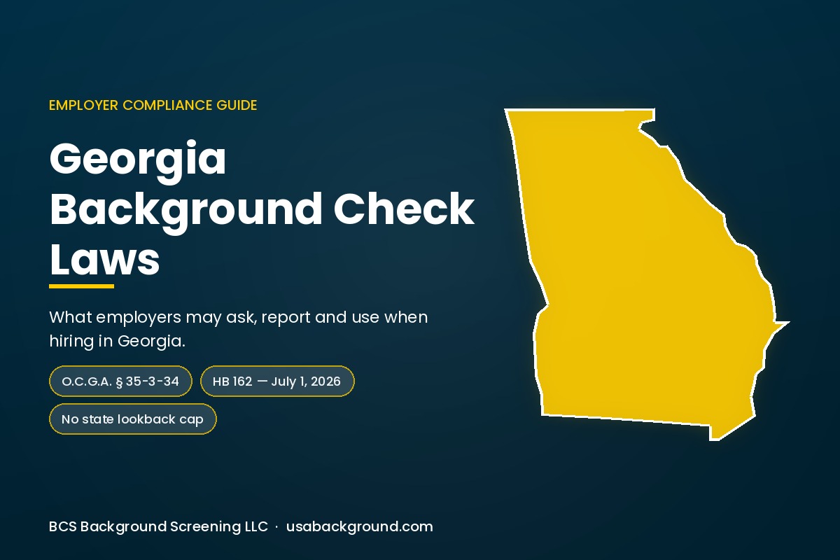 Georgia background check laws for employers: state capitol dome, peach and gavel icons on a navy background with BCS Background Screening LLC branding