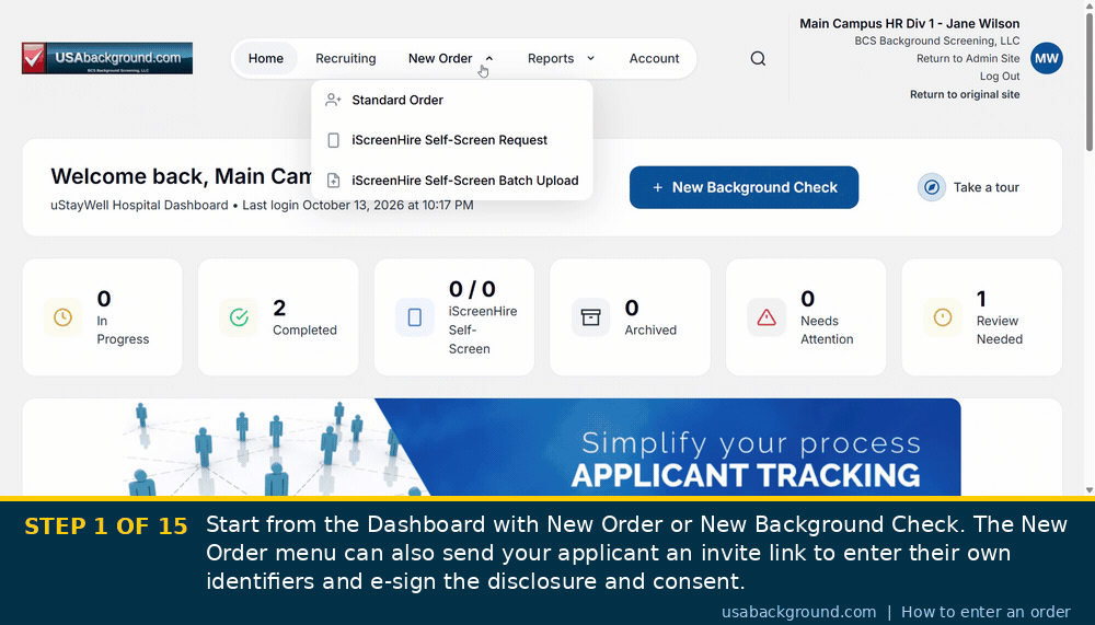 How to enter a background check order in the new interface, 15 captioned steps