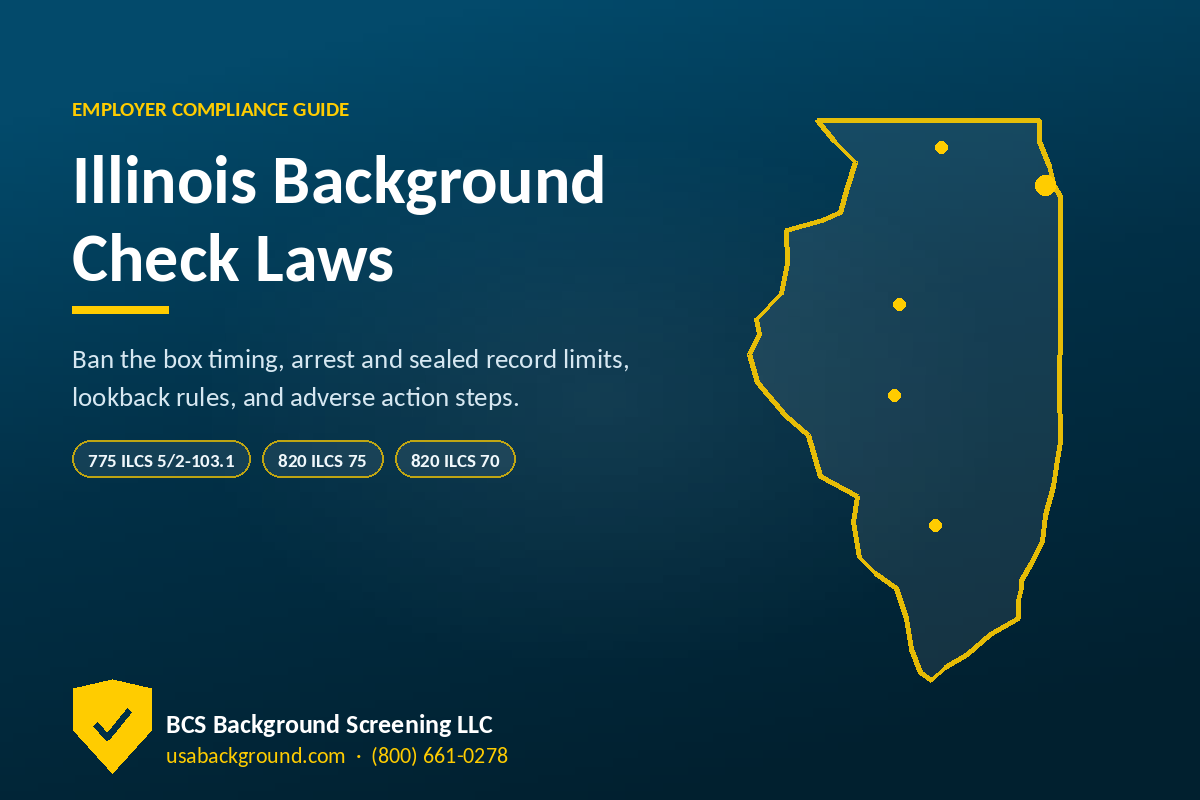 Illinois background check laws guide for employers, showing the Illinois state outline with a compliance checklist and the Chicago skyline