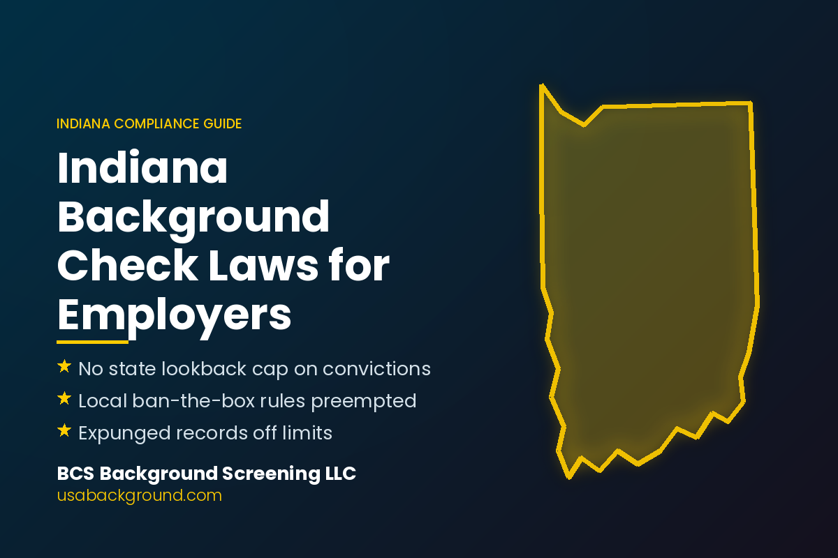 Indiana employment background check laws guide showing the Indiana state outline, a compliance checklist, and the statute citations that govern employer screening