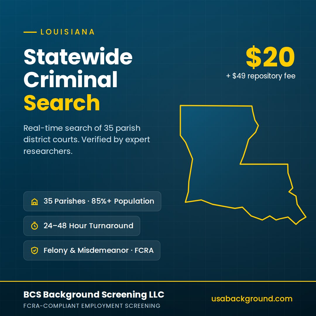Louisiana statewide criminal background check covering 35 parishes