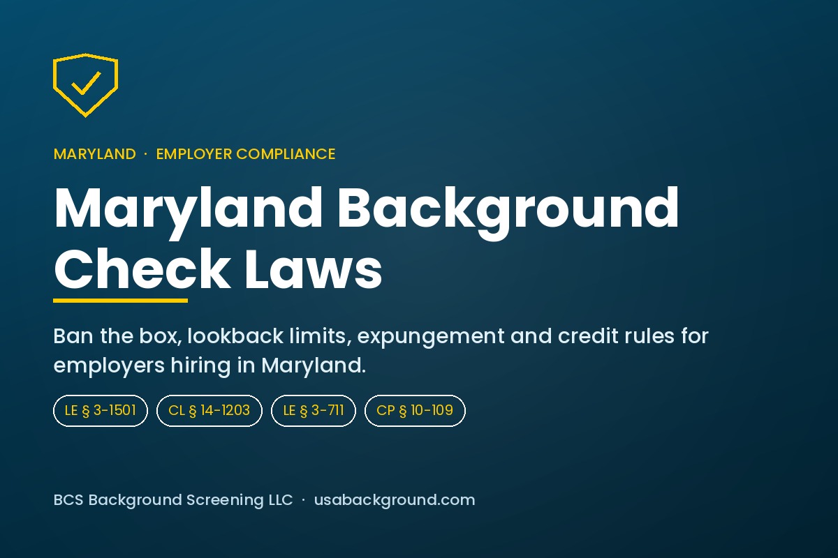 Maryland employer reviewing a compliant background check report beside the Maryland state flag and State House dome