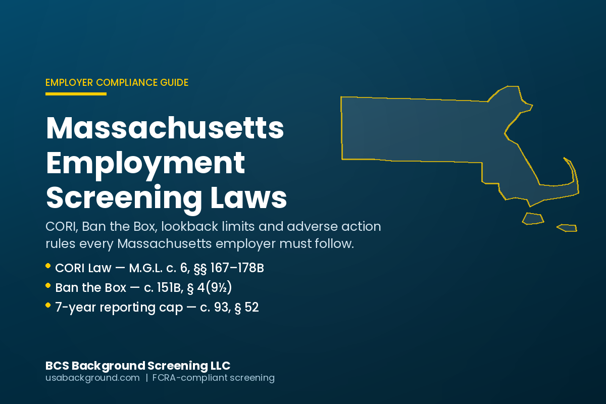 Massachusetts state outline with gold scales of justice, illustrating Massachusetts employment screening laws for employers