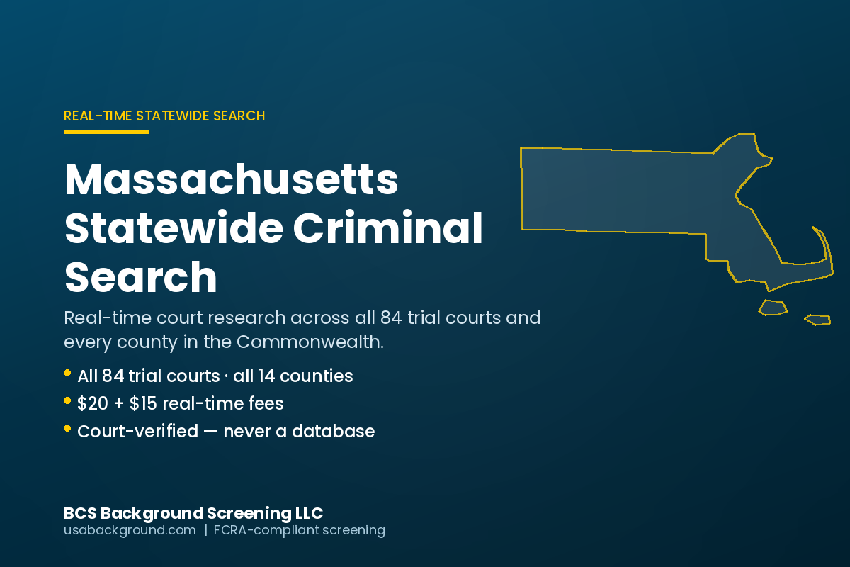 Massachusetts state outline in gold on navy, marking a real-time statewide criminal background check across all 84 Massachusetts trial courts