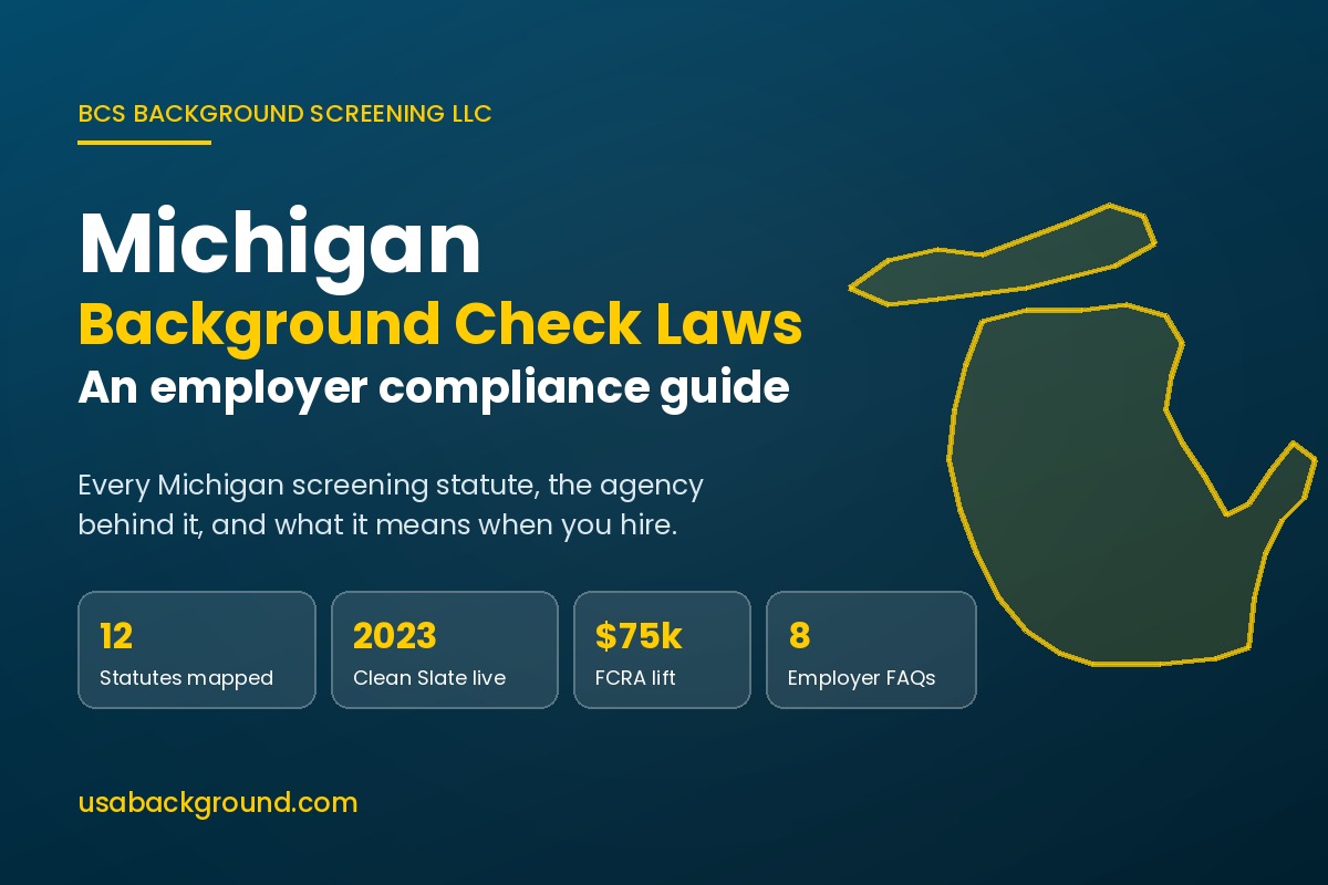 Michigan background check laws guide for employers, showing the Michigan State Capitol and state screening statutes