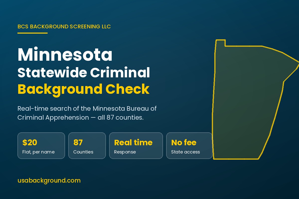 Minnesota statewide criminal background check report drawn from the Bureau of Criminal Apprehension criminal history file