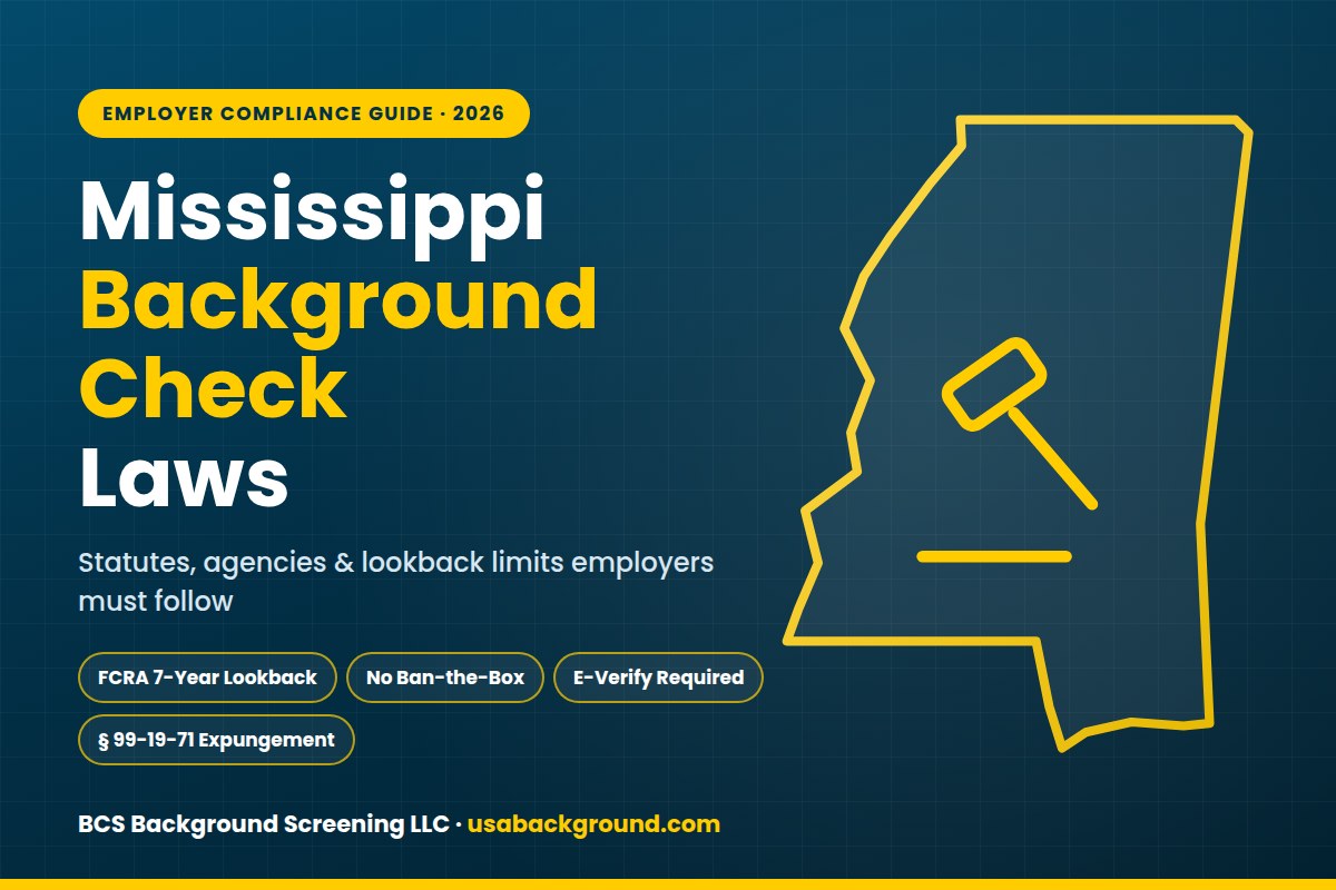 Mississippi background check laws guide for employers showing a gold Mississippi state outline, a gavel, and FCRA compliance icons on a navy background