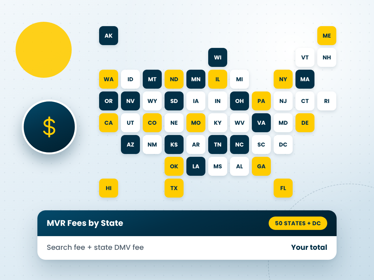 MVR fees by state map showing DMV driving record costs