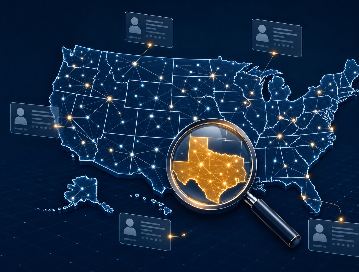Nationwide criminal database search illustrated as a United States map of connected criminal record data nodes with a magnifying glass over one state