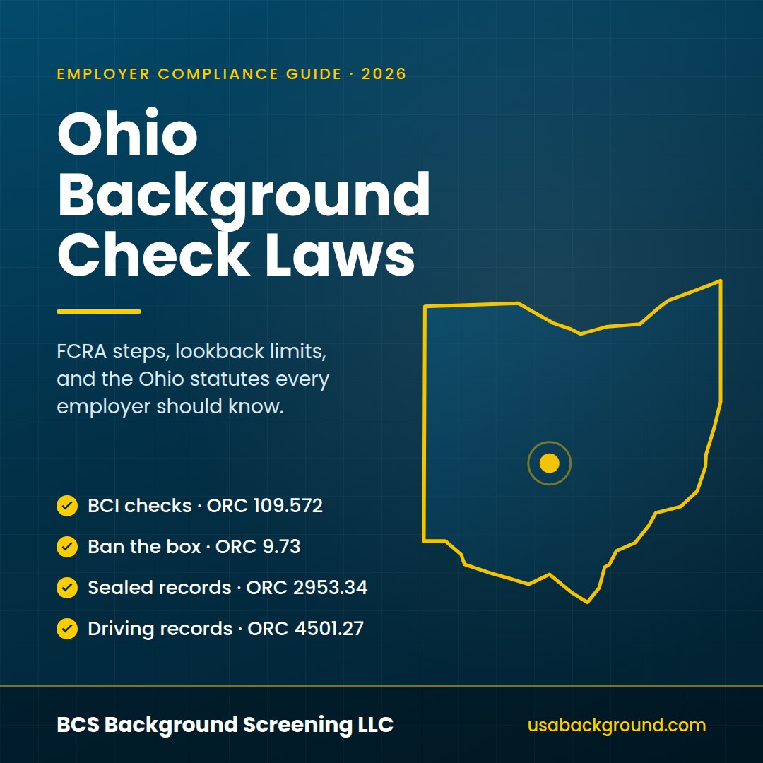Ohio background check laws for employers 2026 guide with an Ohio state map, compliance checklist, and key Ohio Revised Code sections from BCS Background Screening LLC