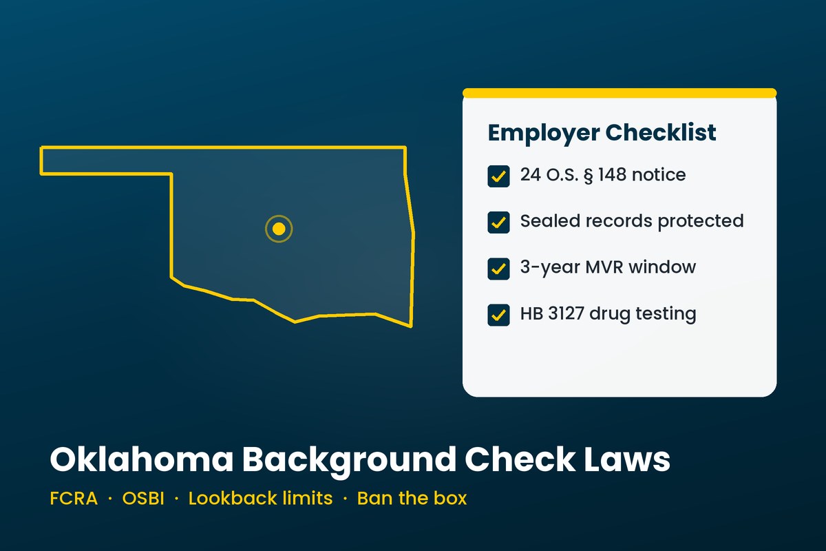 Oklahoma background check laws guide for employers showing the Oklahoma state map and an employer compliance checklist