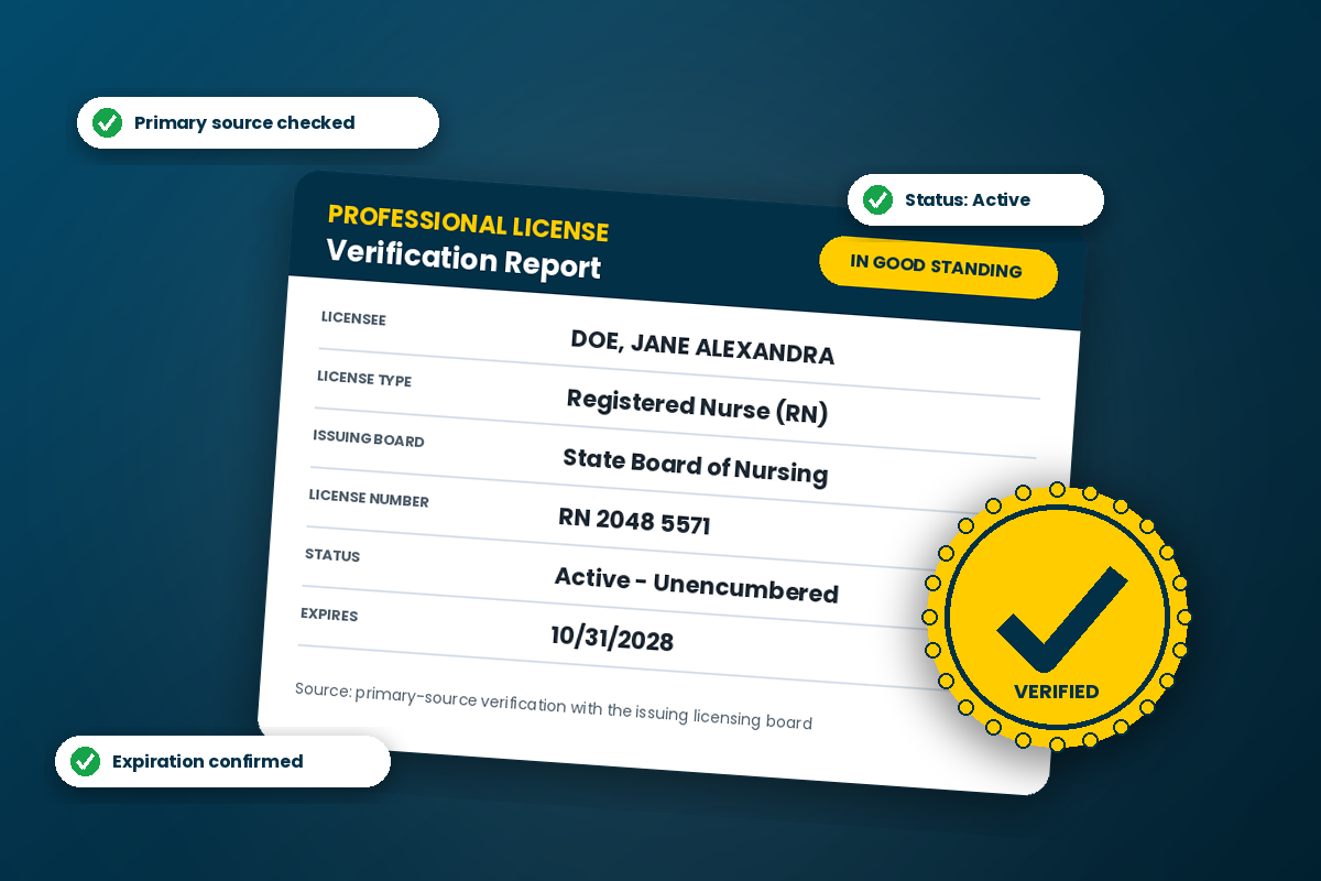 Professional license verification report confirmed in good standing with the issuing state board