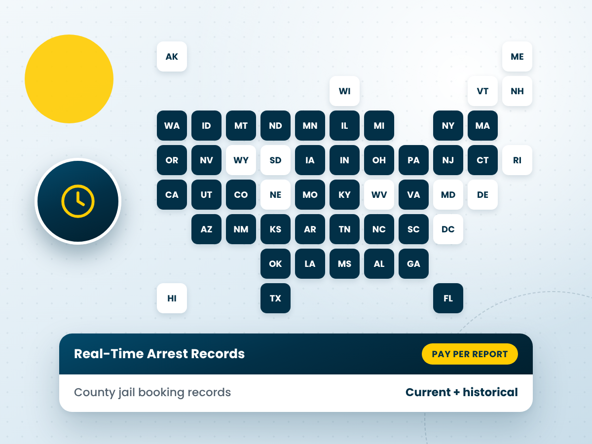 Real-time arrest records coverage map of participating county jails