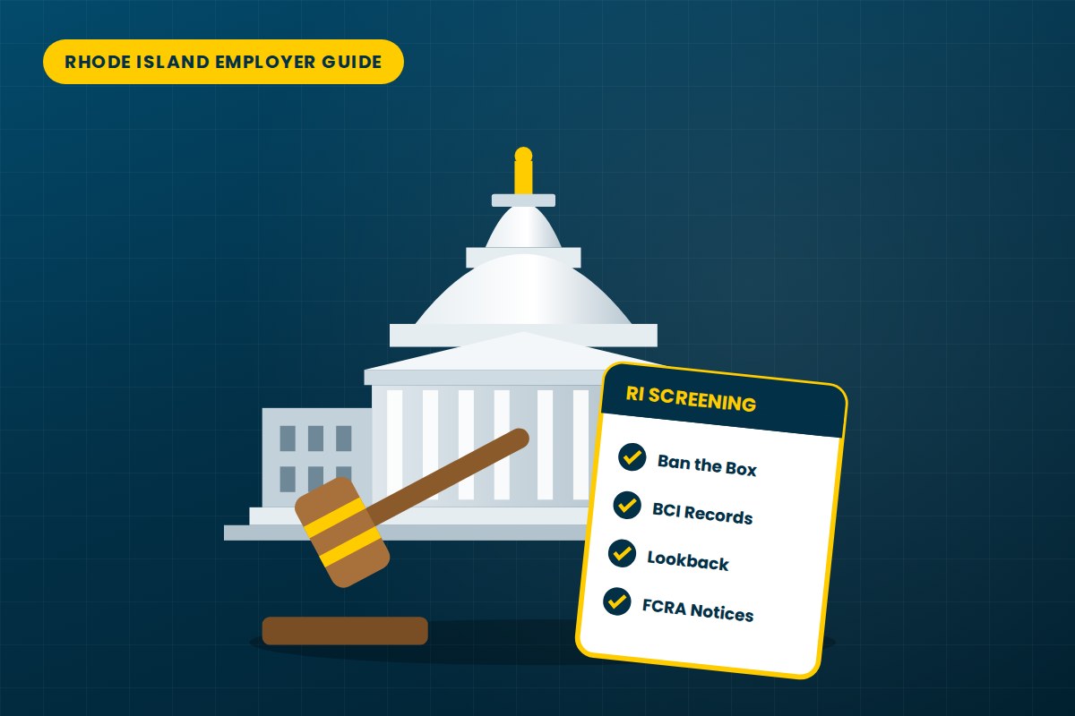 Rhode Island background check laws guide for employers showing the State House dome, a gavel and a screening checklist