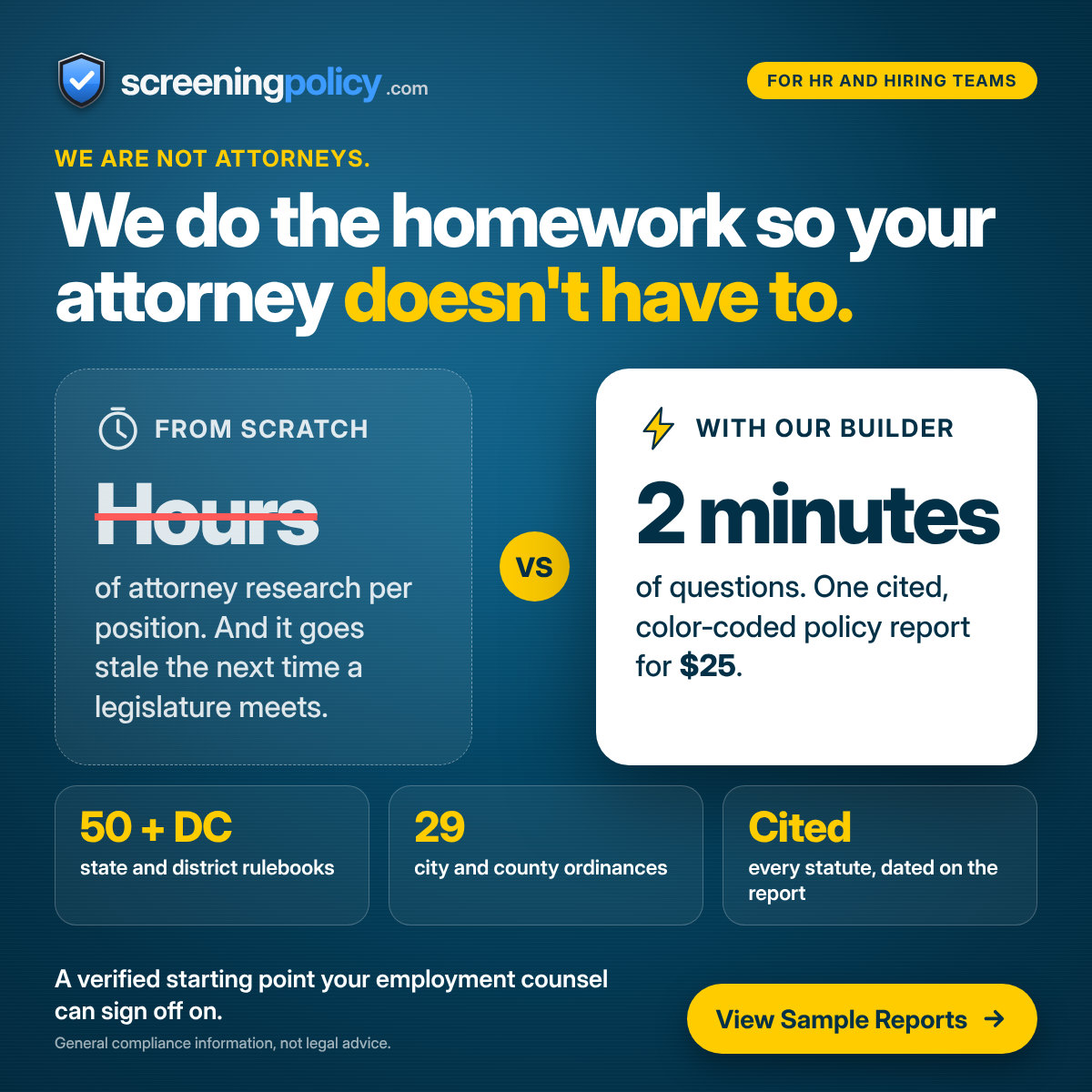 ScreeningPolicy.com policy builder: two minutes of questions and one cited policy report for $25, not hours of attorney research