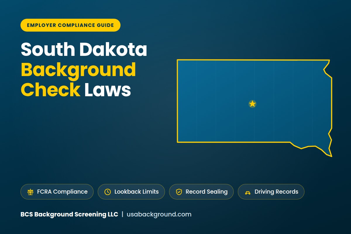 South Dakota background check laws for employers: state outline with FCRA, criminal record, and driving record compliance icons