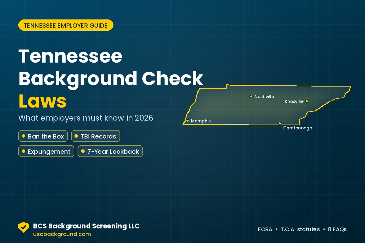 Tennessee background check laws for employers guide by BCS Background Screening LLC, showing a Tennessee map with ban the box, TBI records, expungement and lookback rules