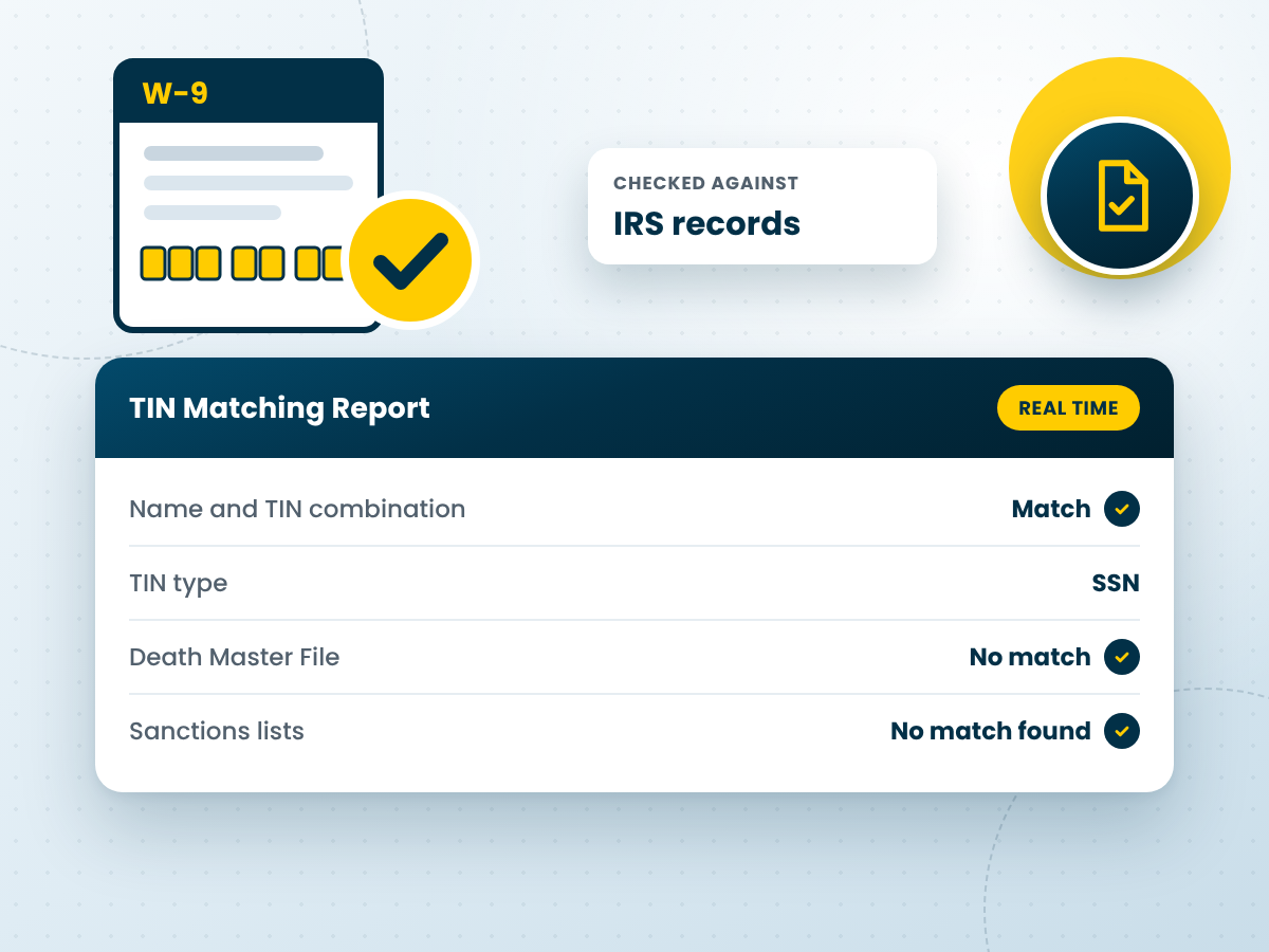 TIN match report showing a name and TIN verified against IRS records