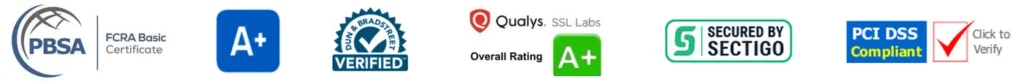 PBSA FCRA Basic Certificate, Better Business Bureau A+ rating, Dun & Bradstreet verified business, Qualys SSL Labs A+ security rating, Secured by Sectigo, and PCI DSS compliant