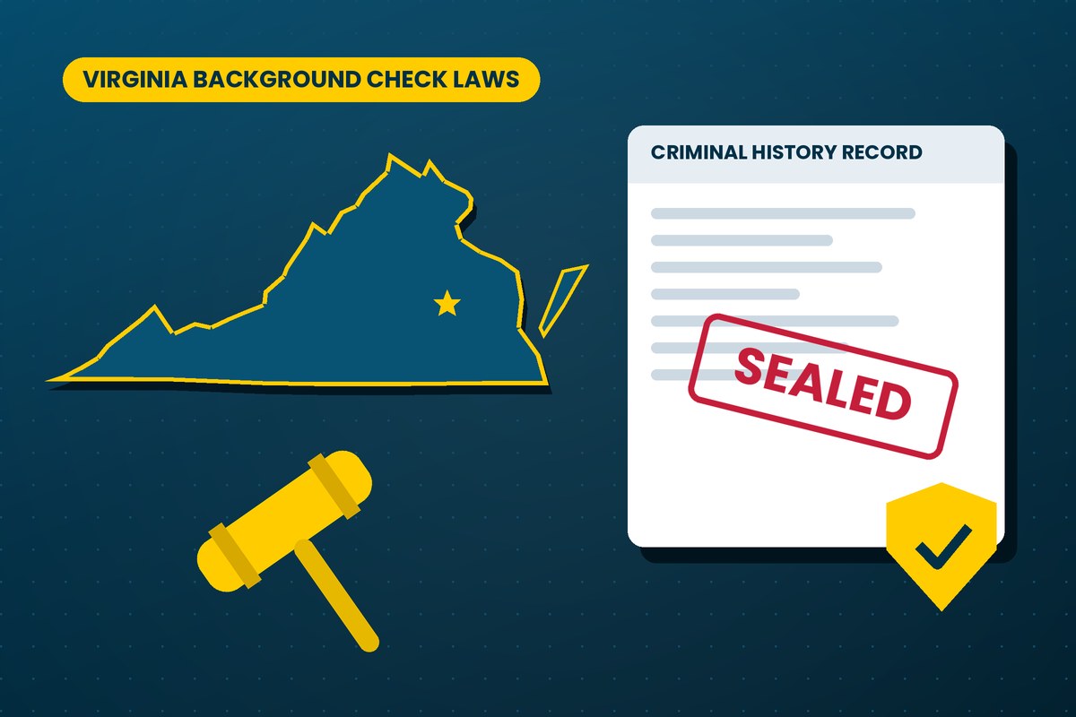 Virginia background check laws illustration showing a Virginia state map, a gavel, and a criminal history record stamped sealed