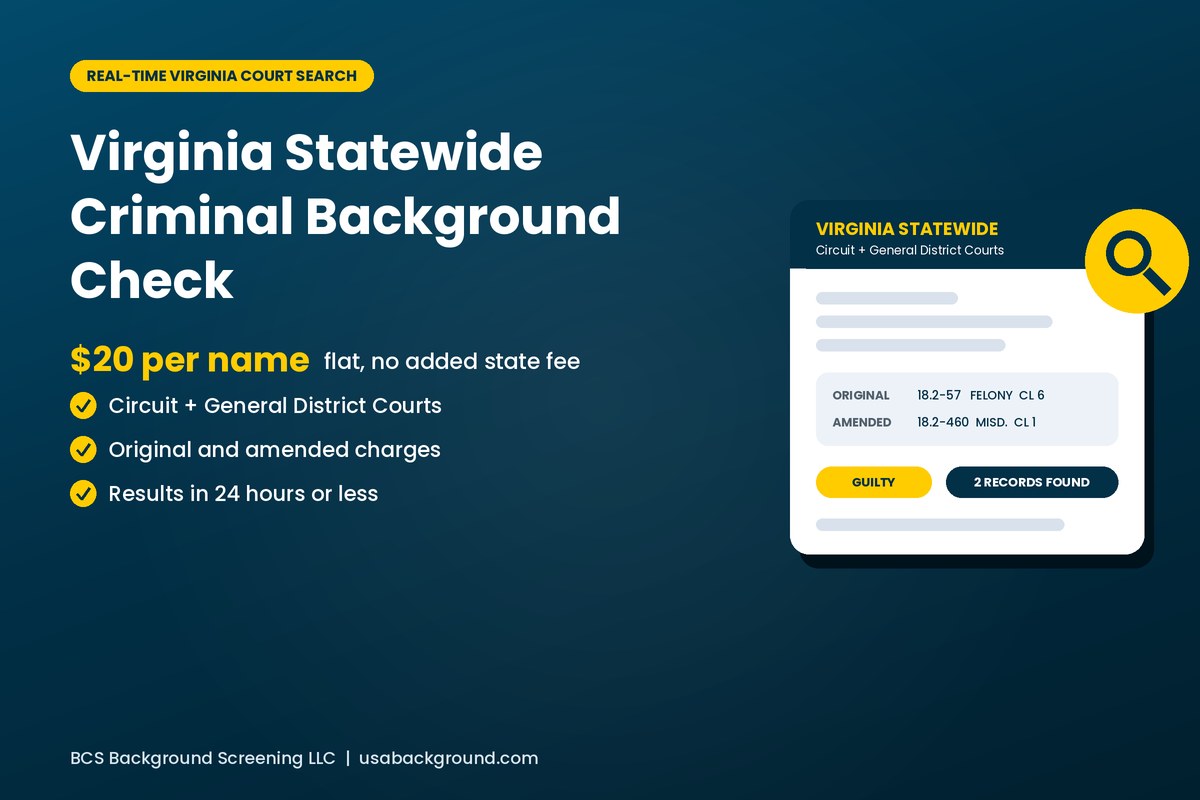 Virginia statewide criminal background check report showing Circuit and General District Court results